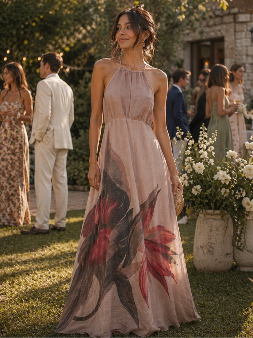 Anthropologie Aakaa Pink Halter flowy maxi dress -Sz L EUC worn once